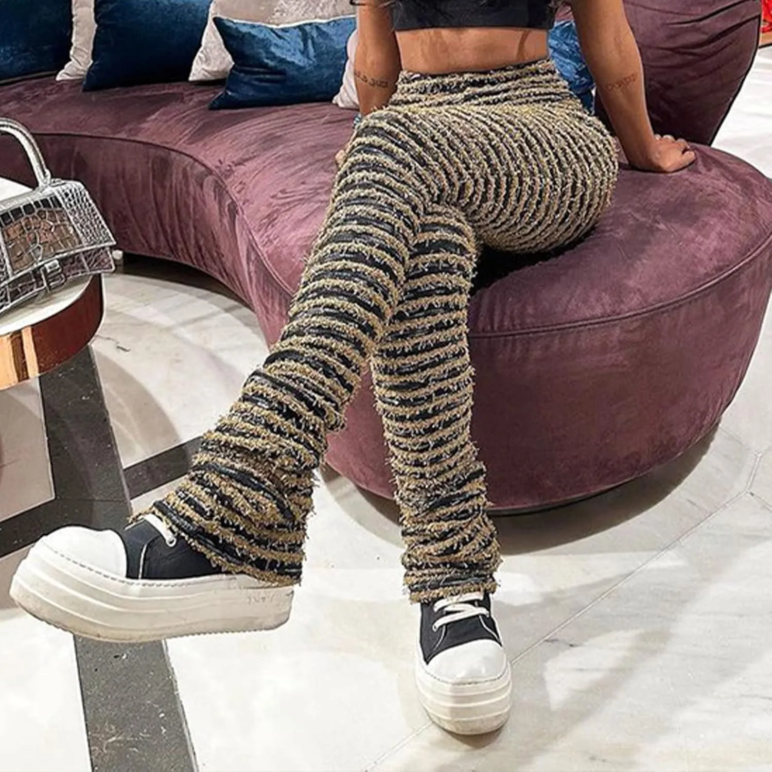 DINGANG Women Fuzzy Flare Stacked Pants, Zebra Black and White Striped High Waist Sweatpant, Knitted Pajama Legging Trendy