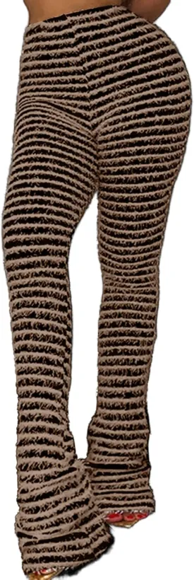DINGANG Women Fuzzy Flare Stacked Pants, Zebra Black and White Striped High Waist Sweatpant, Knitted Pajama Legging Trendy