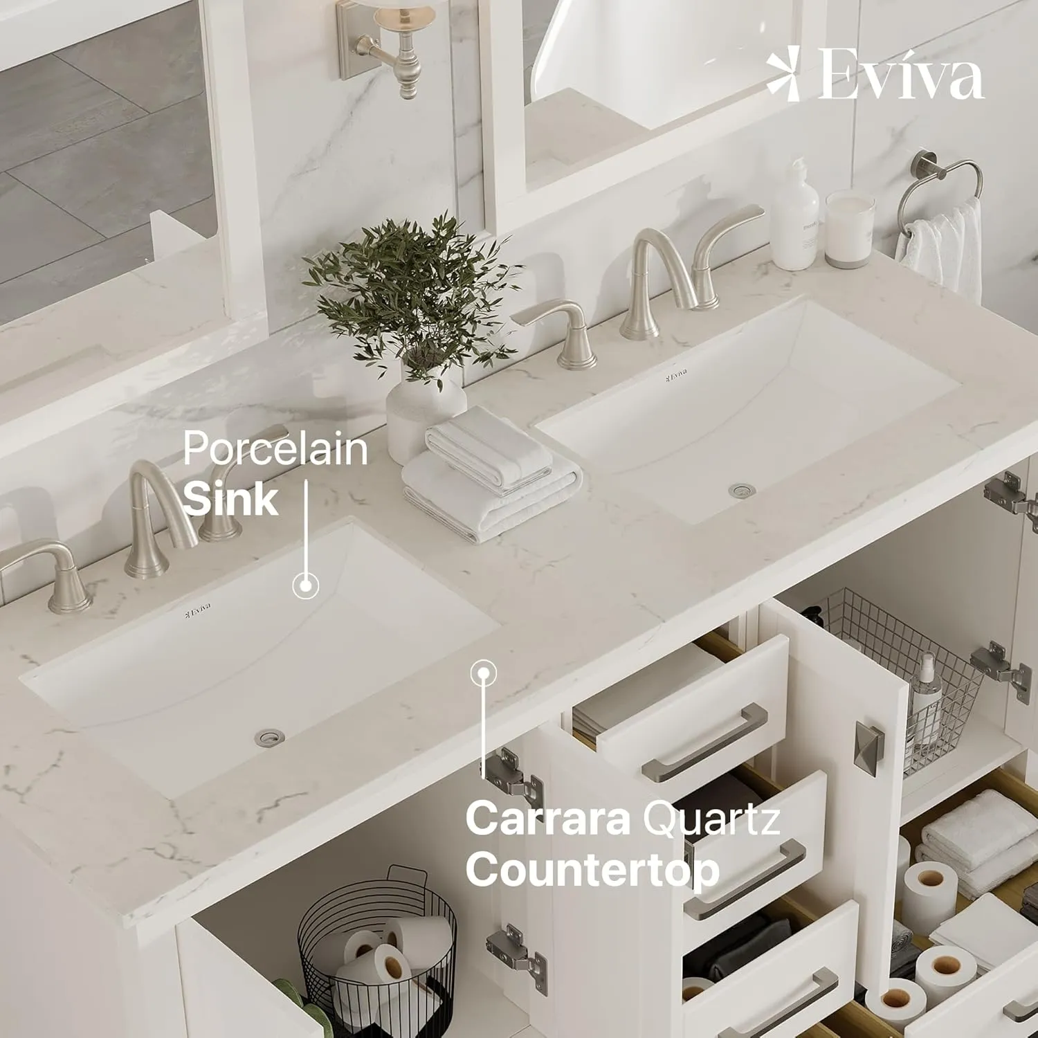 Eviva Aberdeen 60" Bathroom Vanity Double Sinks Undermount Carrara Quartz Countertop New