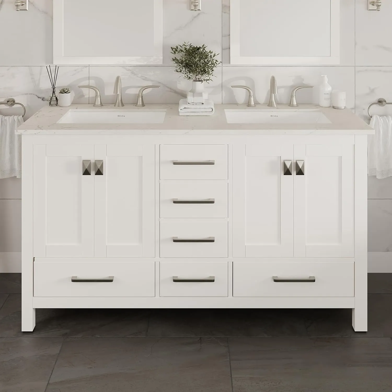 Eviva Aberdeen 60" Bathroom Vanity Double Sinks Undermount Carrara Quartz Countertop New