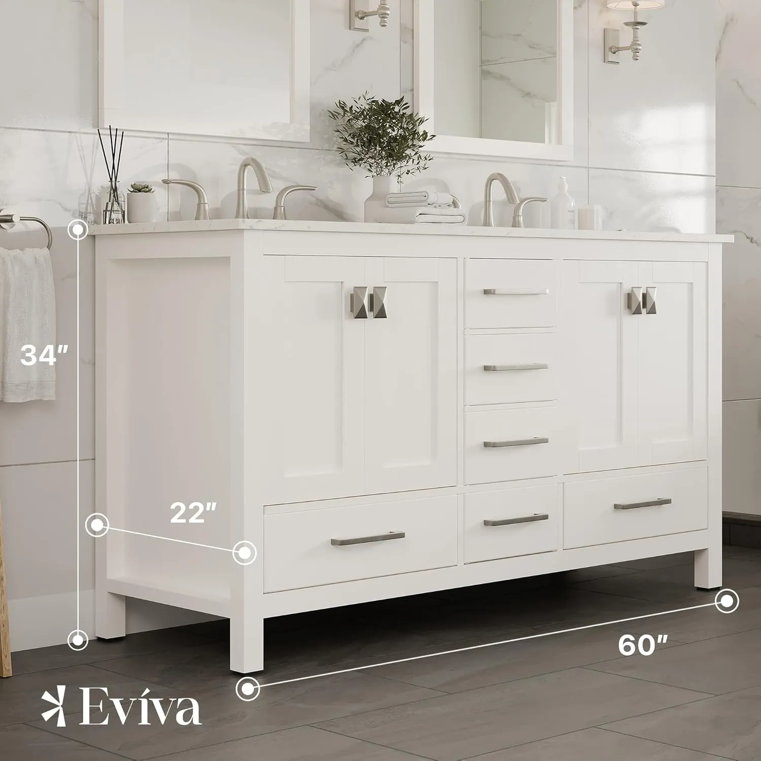 Eviva Aberdeen 60" Bathroom Vanity Double Sinks Undermount Carrara Quartz Countertop New