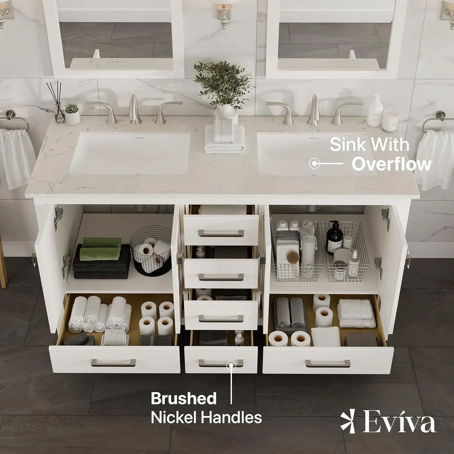 Eviva Aberdeen 60" Bathroom Vanity Double Sinks Undermount Carrara Quartz Countertop New