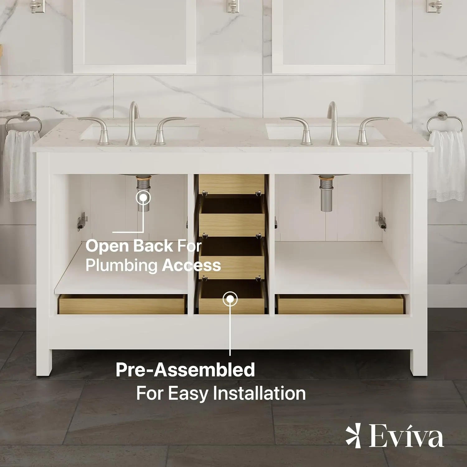 Eviva Aberdeen 60" Bathroom Vanity Double Sinks Undermount Carrara Quartz Countertop New