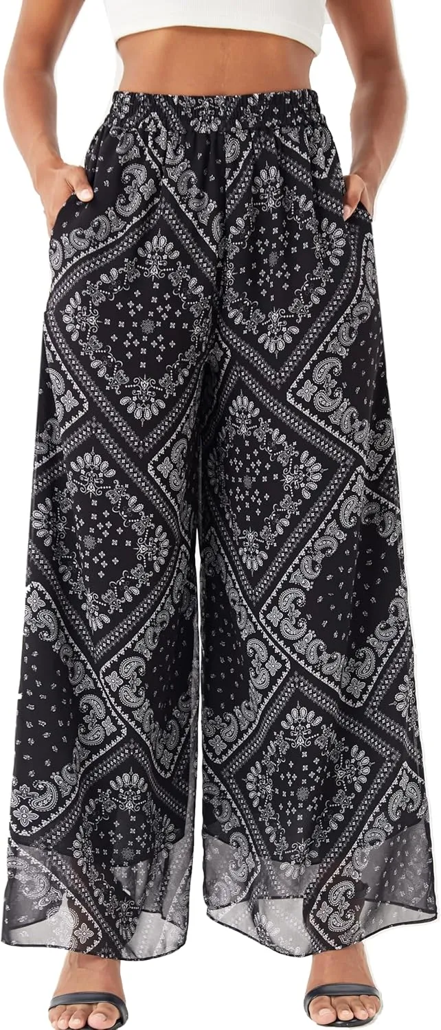 Fakanhui Women's Chiffon Wide Leg Palazzo Pants High Elastic Waist Casual Flowy Business Trousers