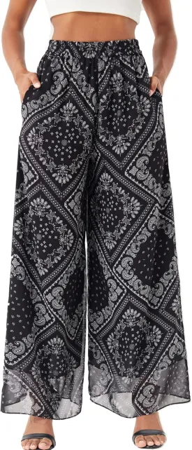 Fakanhui Women's Chiffon Wide Leg Palazzo Pants High Elastic Waist Casual Flowy Business Trousers