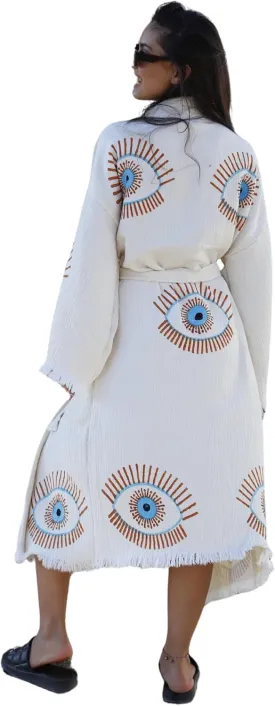 Fringes Muslin Kimono, Evil Eye Cotton Robe, Cotton Kaftan