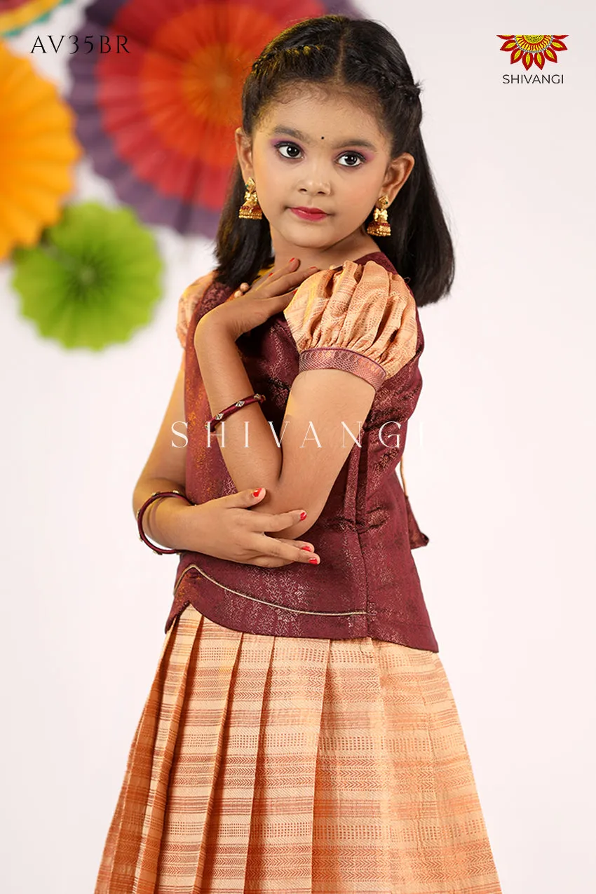 Girls Brown Golden Rail  Pattu Pavadai - Festive Wear