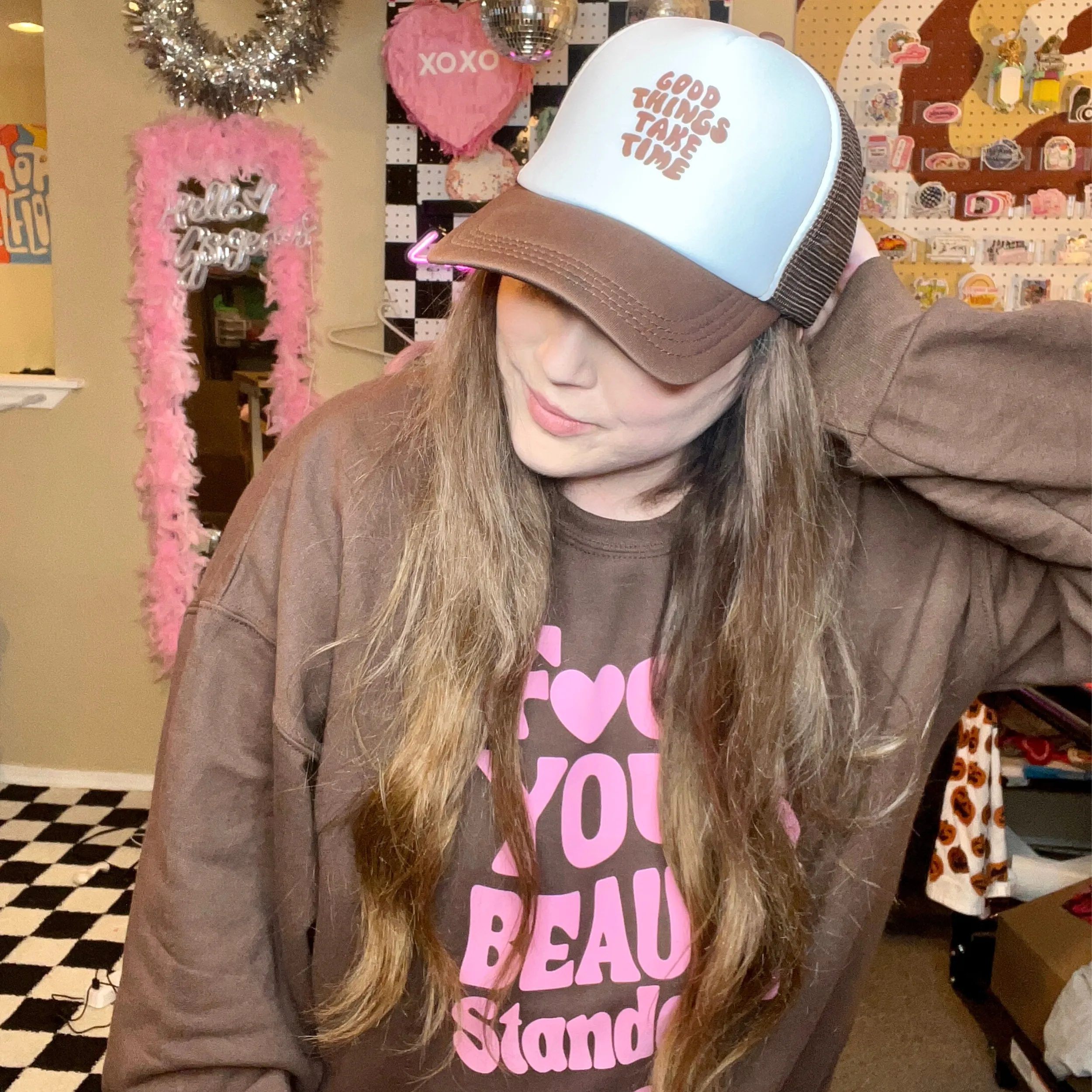 Good Things Take Time Brown Trucker Hat