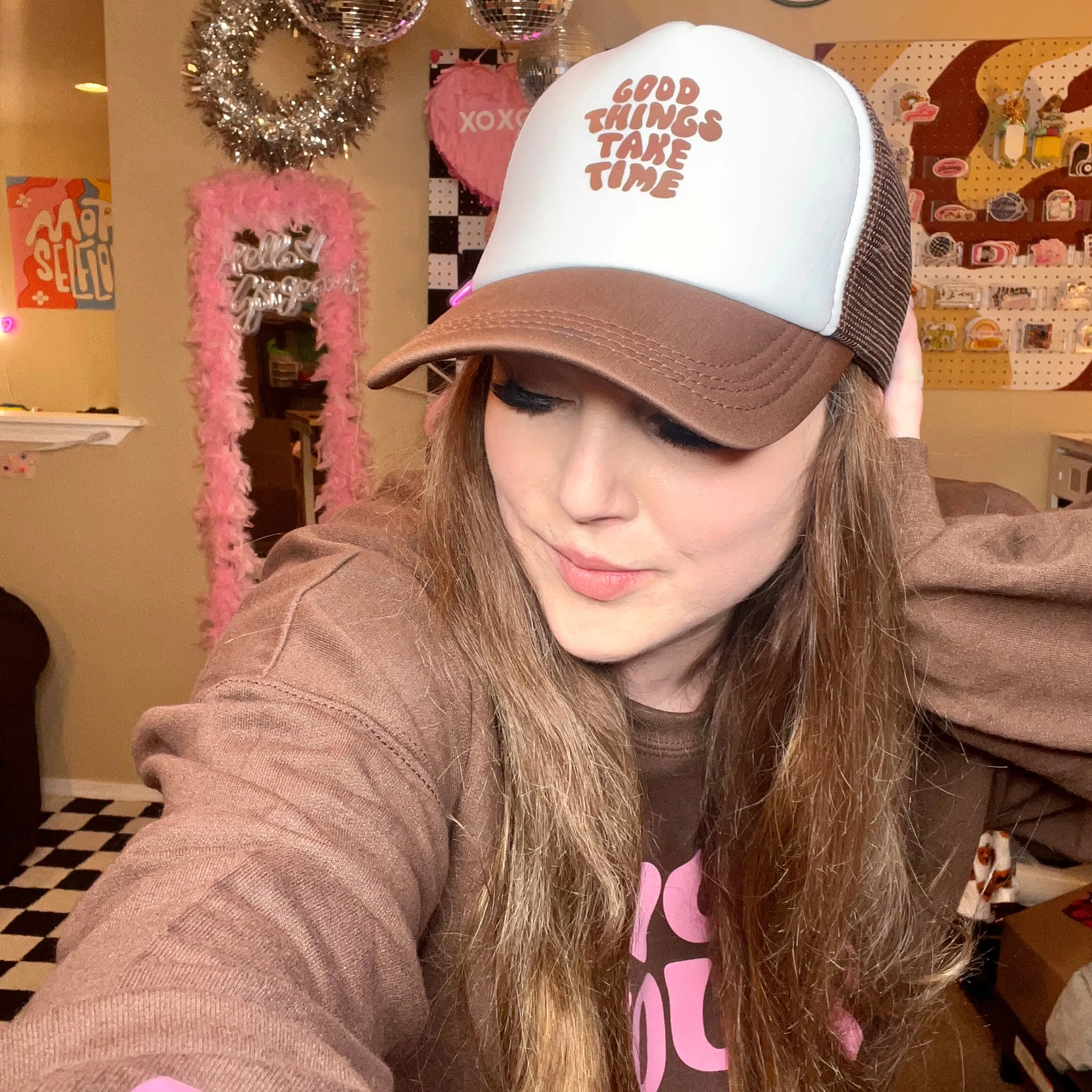 Good Things Take Time Brown Trucker Hat