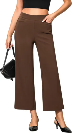 GRAPENT Cropped Pants for Women Trendy Business Casual High Waisted Pull On Wide Leg Stretchy Dress Pants with Pockets