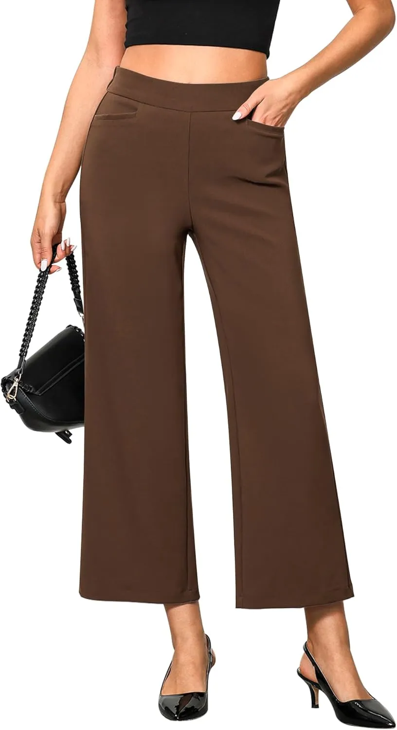 GRAPENT Cropped Pants for Women Trendy Business Casual High Waisted Pull On Wide Leg Stretchy Dress Pants with Pockets