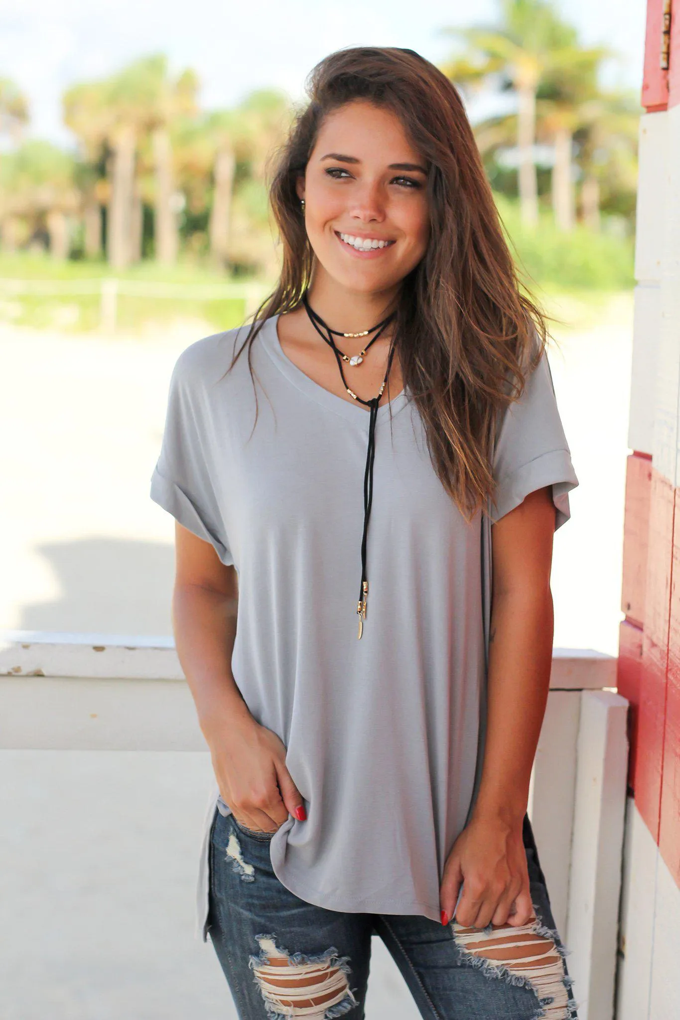Gray V-Neck Top with Pocket