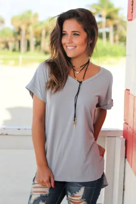 Gray V-Neck Top with Pocket