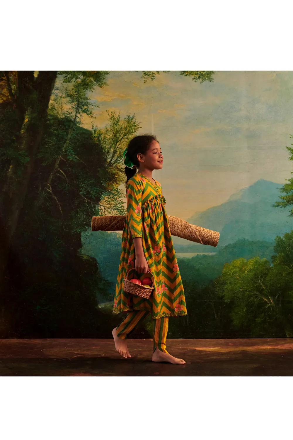 Green And Yellow Chevron Printed A Line Kurta With Pant Set