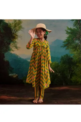 Green And Yellow Chevron Printed A Line Kurta With Pant Set