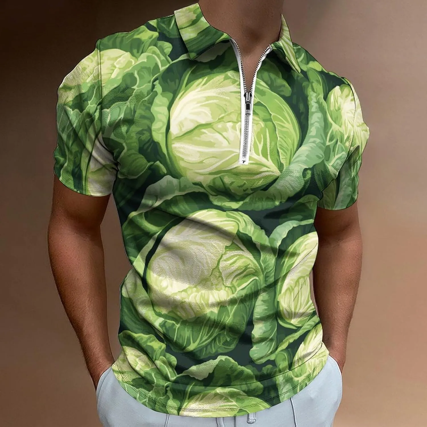 Green Cabbage Pattern Trendy Polo Shirts for Men Short Sleeve Lapel Collar Zipper T-Shirts Outdoor Sports
