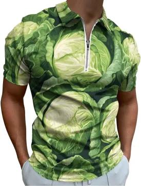 Green Cabbage Pattern Trendy Polo Shirts for Men Short Sleeve Lapel Collar Zipper T-Shirts Outdoor Sports