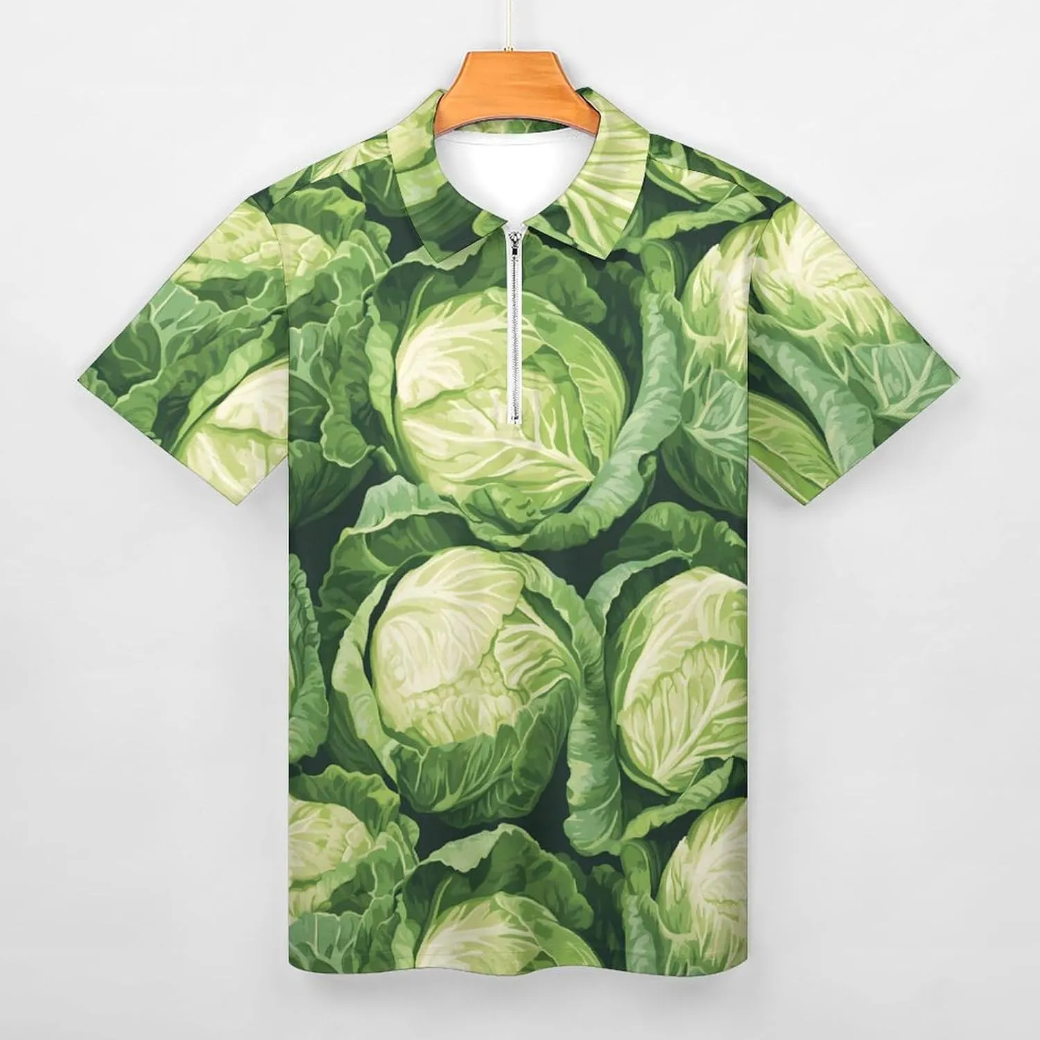 Green Cabbage Pattern Trendy Polo Shirts for Men Short Sleeve Lapel Collar Zipper T-Shirts Outdoor Sports