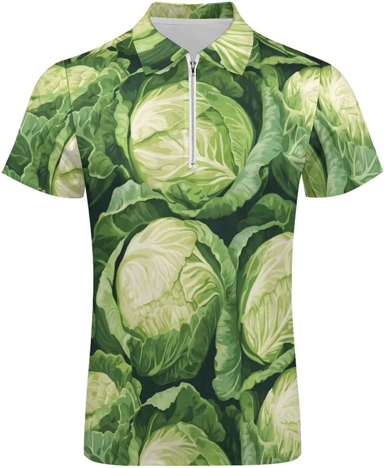 Green Cabbage Pattern Trendy Polo Shirts for Men Short Sleeve Lapel Collar Zipper T-Shirts Outdoor Sports