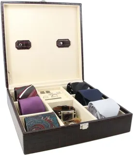 Handcrafted Crocodile Leather Tie Box and Cufflink Storage Box for Men  Seal Brown