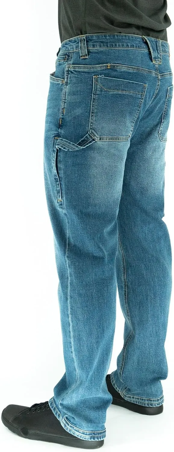 Iron & Haft Men's Journeyman Relaxed/Straight Fit Work Jeans, 12 Pocket Stretch Denim Tactical Jeans, Vintage/Medium Wash