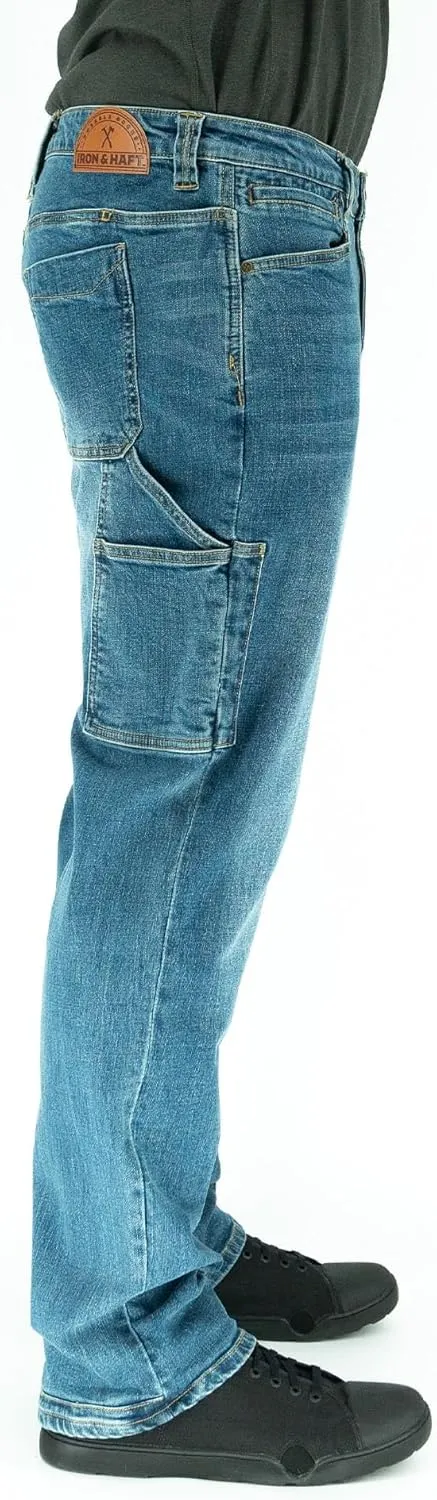 Iron & Haft Men's Journeyman Relaxed/Straight Fit Work Jeans, 12 Pocket Stretch Denim Tactical Jeans, Vintage/Medium Wash