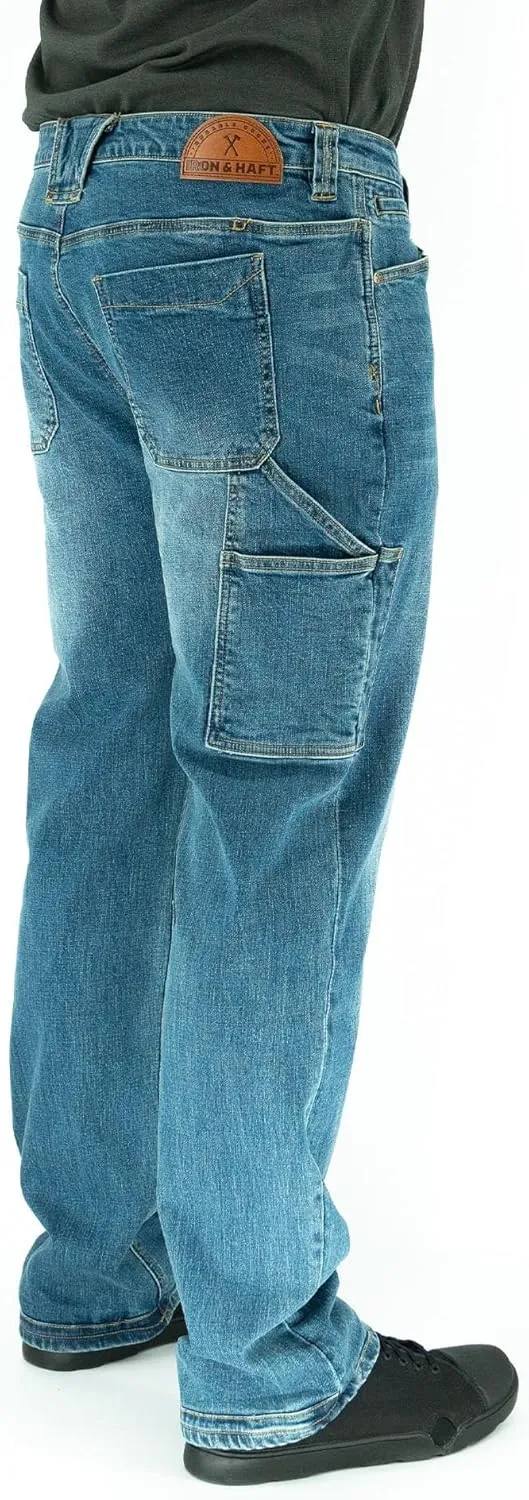 Iron & Haft Men's Journeyman Relaxed/Straight Fit Work Jeans, 12 Pocket Stretch Denim Tactical Jeans, Vintage/Medium Wash