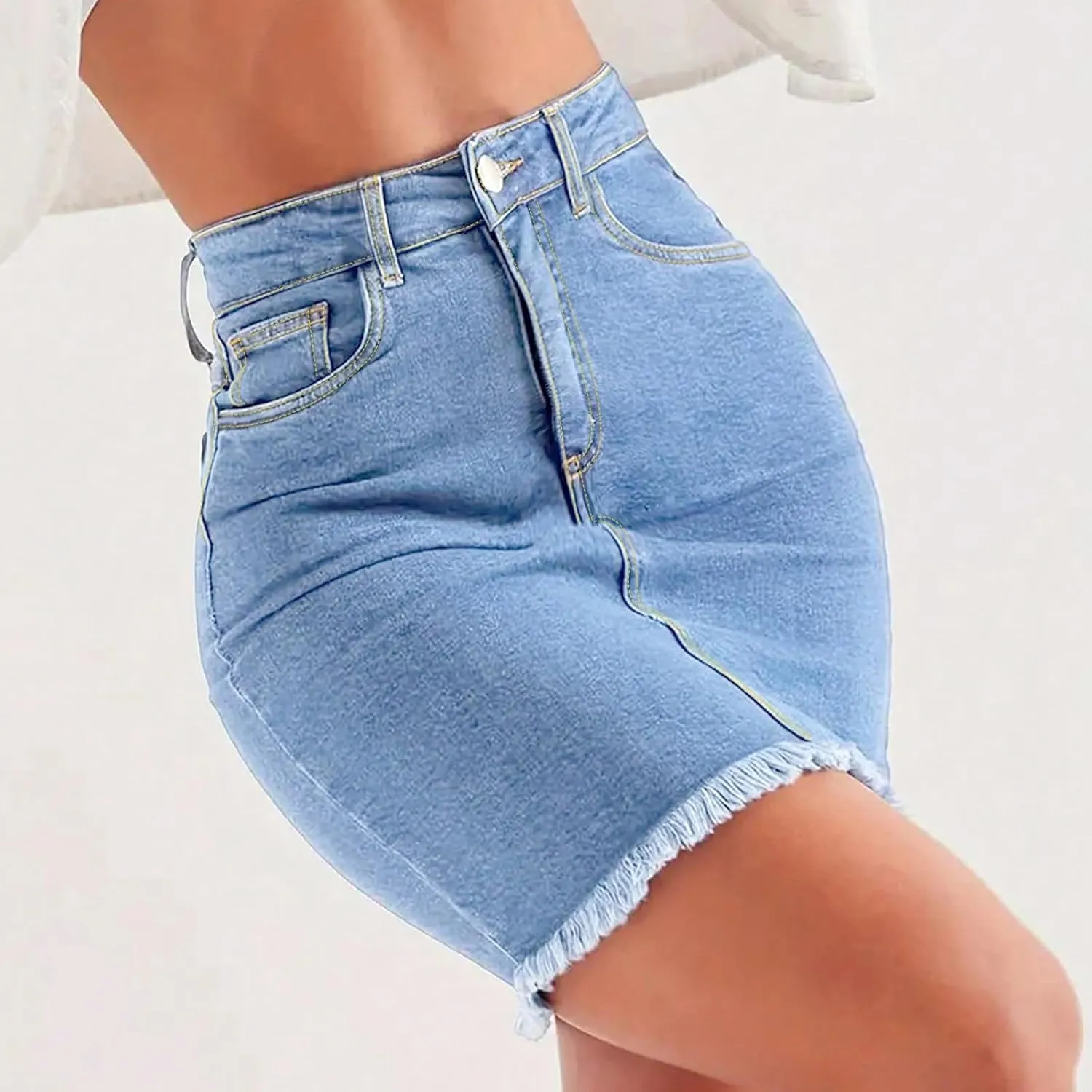 Jean Skirts for Women Denim Bodycon Raw Hem Stretch High Waisted Frayed Summer A Line Mini Pencil Skrit with Pockets