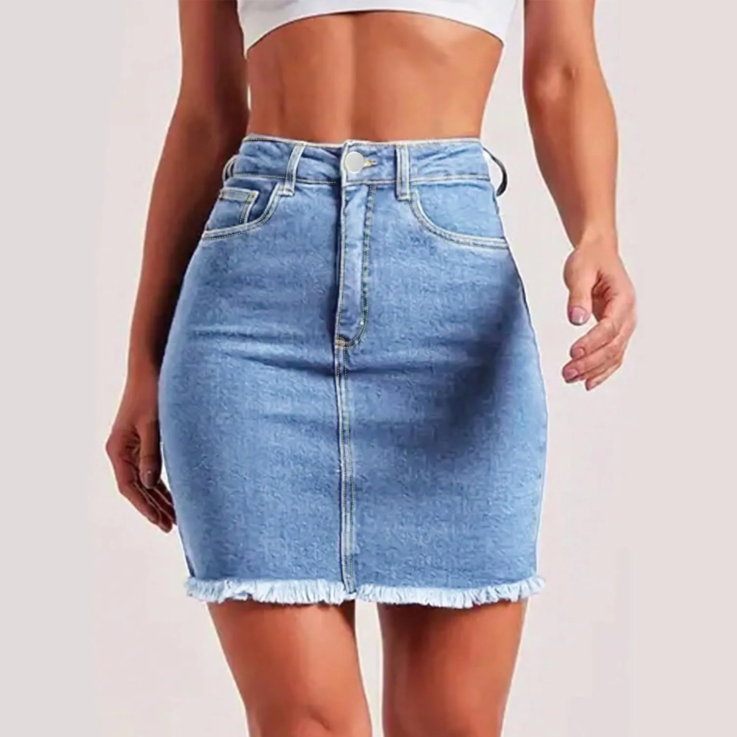Jean Skirts for Women Denim Bodycon Raw Hem Stretch High Waisted Frayed Summer A Line Mini Pencil Skrit with Pockets