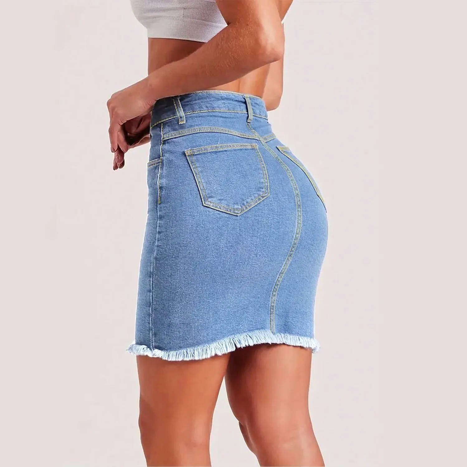 Jean Skirts for Women Denim Bodycon Raw Hem Stretch High Waisted Frayed Summer A Line Mini Pencil Skrit with Pockets