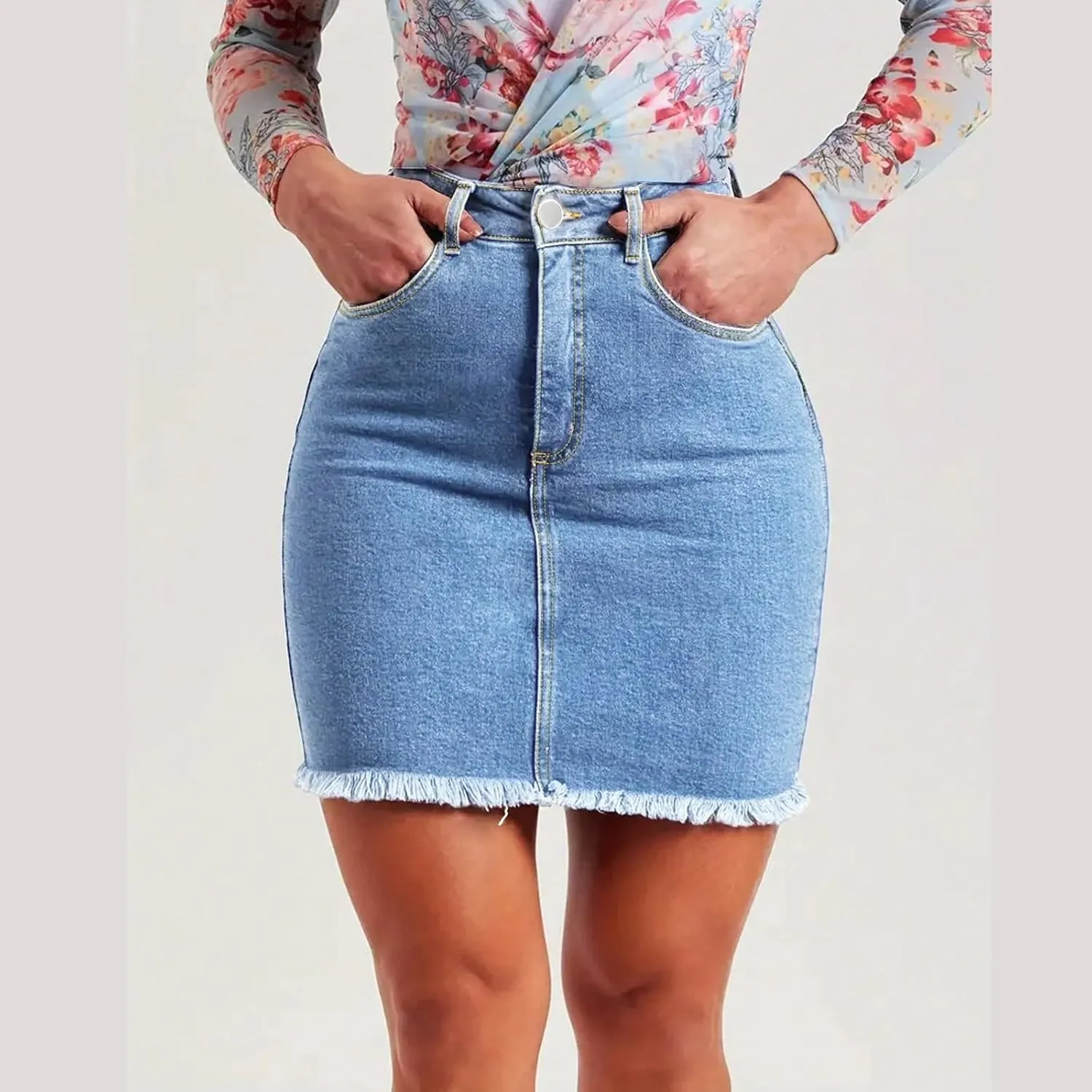 Jean Skirts for Women Denim Bodycon Raw Hem Stretch High Waisted Frayed Summer A Line Mini Pencil Skrit with Pockets