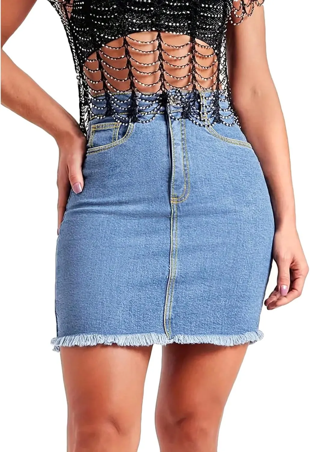 Jean Skirts for Women Denim Bodycon Raw Hem Stretch High Waisted Frayed Summer A Line Mini Pencil Skrit with Pockets