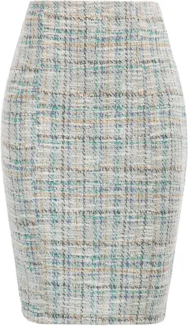Kate Kasin Womens Knee Length Elastic Waist Stretchy Bodycon Business Tweed Pencil Skirt