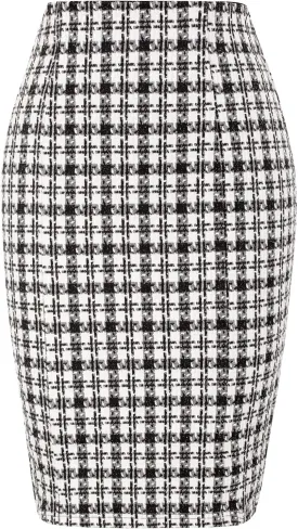 Kate Kasin Womens Knee Length Elastic Waist Stretchy Bodycon Business Tweed Pencil Skirt