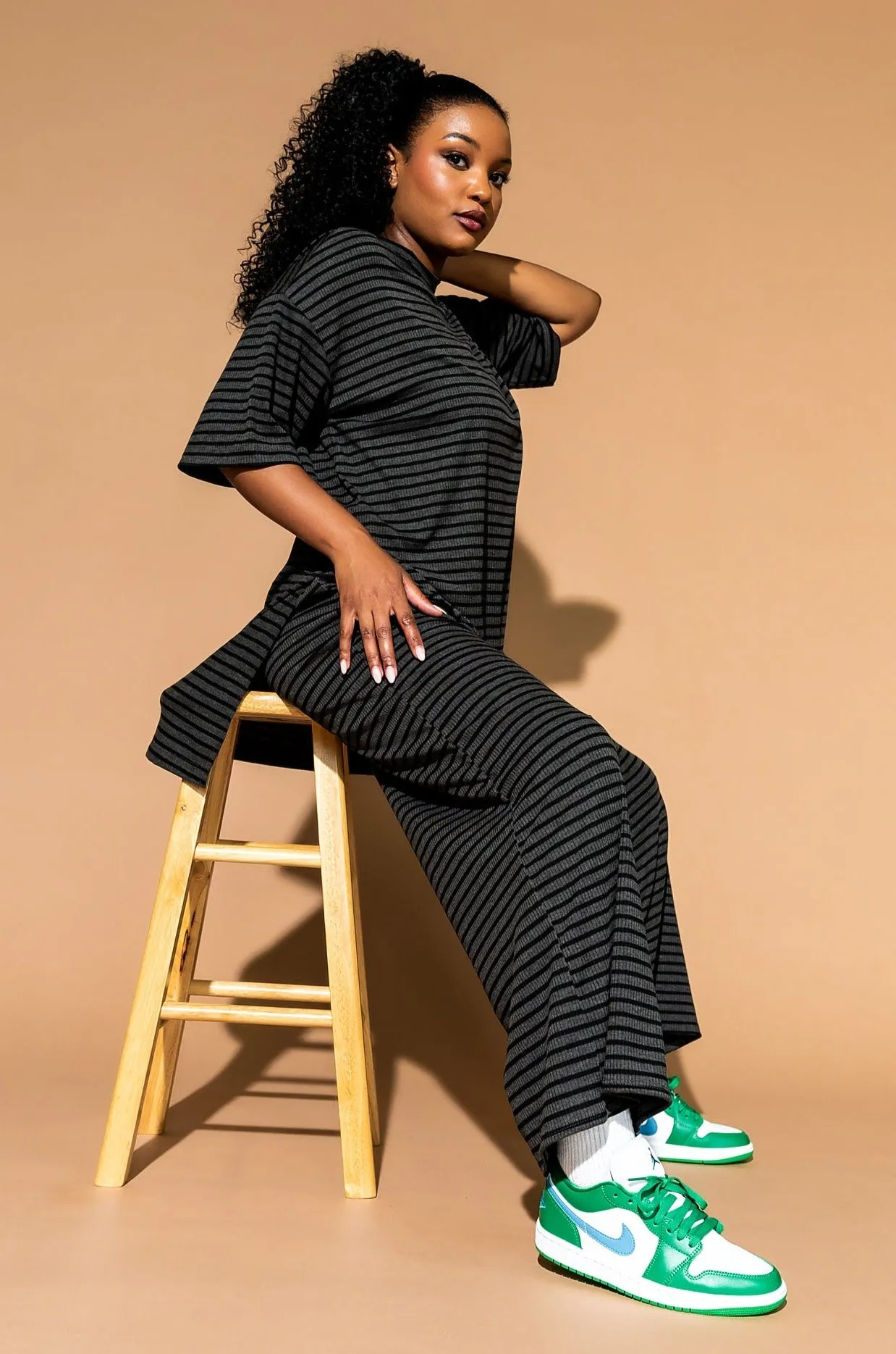Leveled Up Ribbed Playsuit in Charcoal Stripe