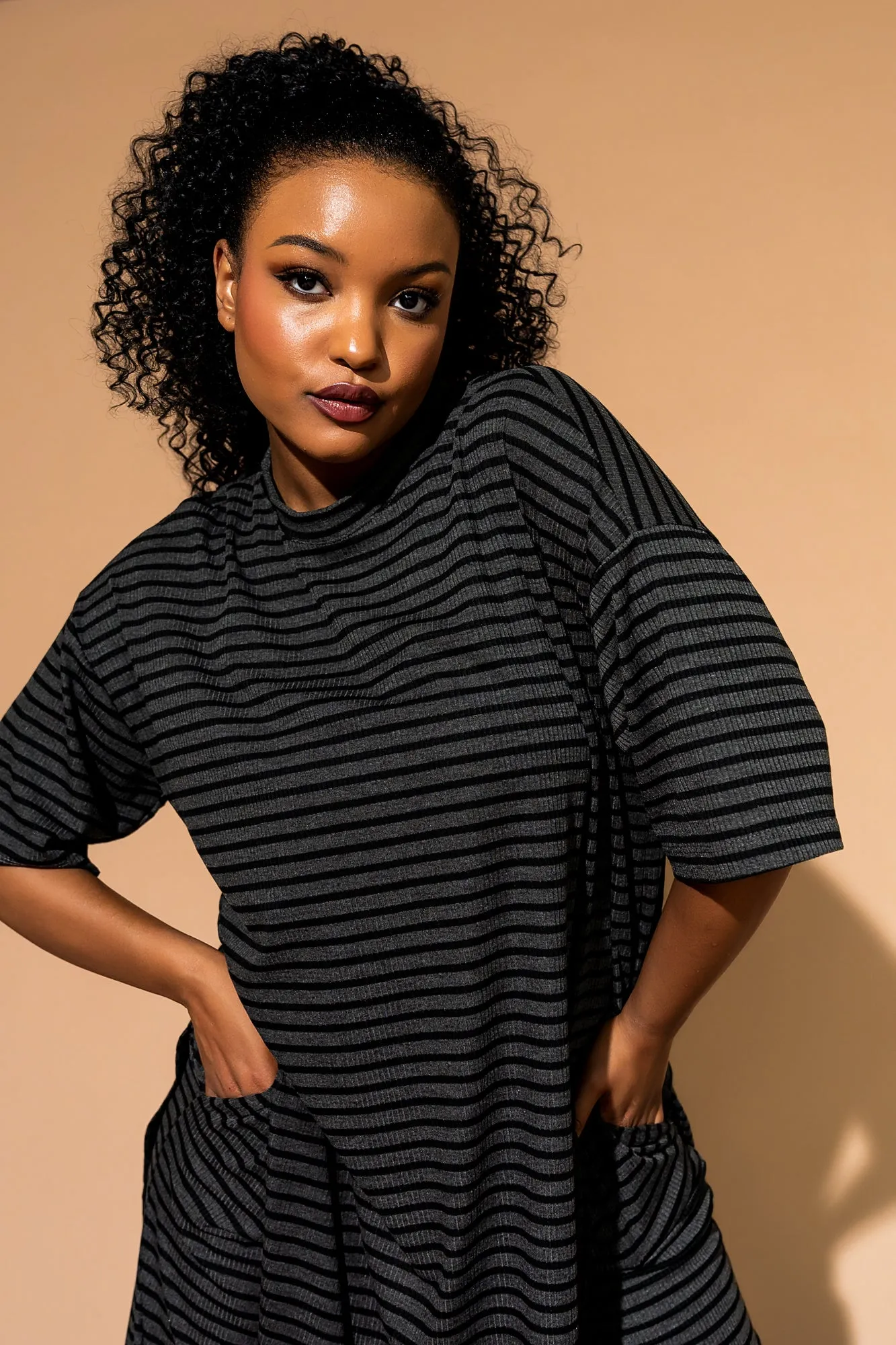 Leveled Up Ribbed Playsuit in Charcoal Stripe