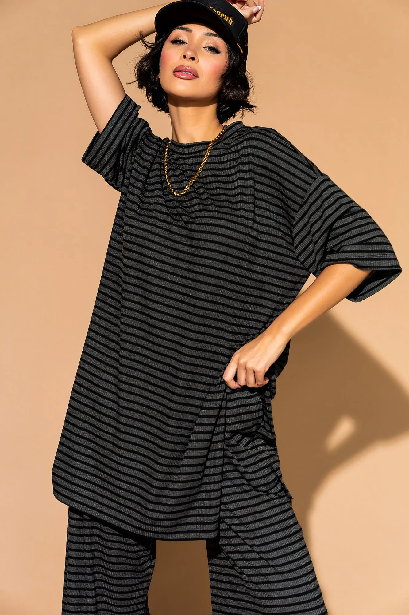 Leveled Up Ribbed Playsuit in Charcoal Stripe