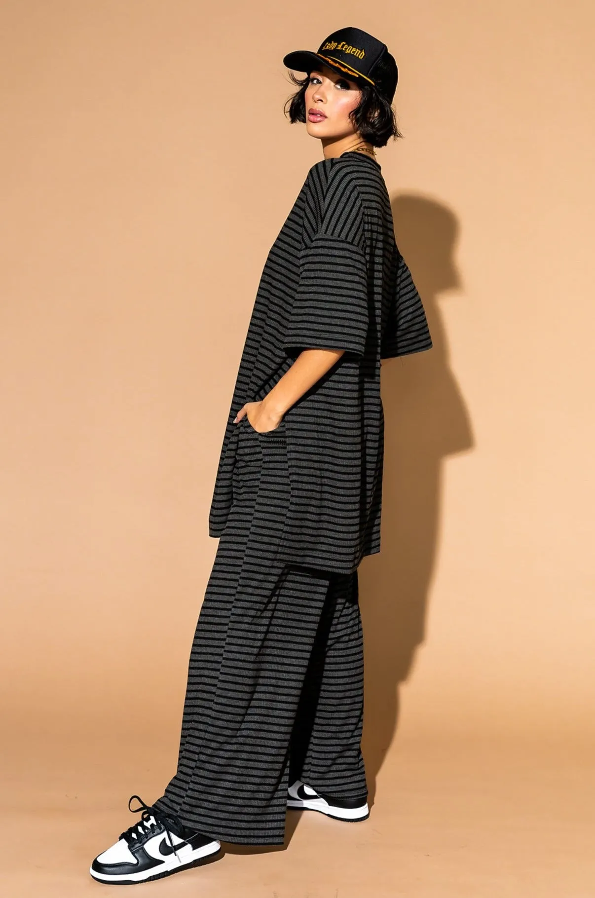 Leveled Up Ribbed Playsuit in Charcoal Stripe