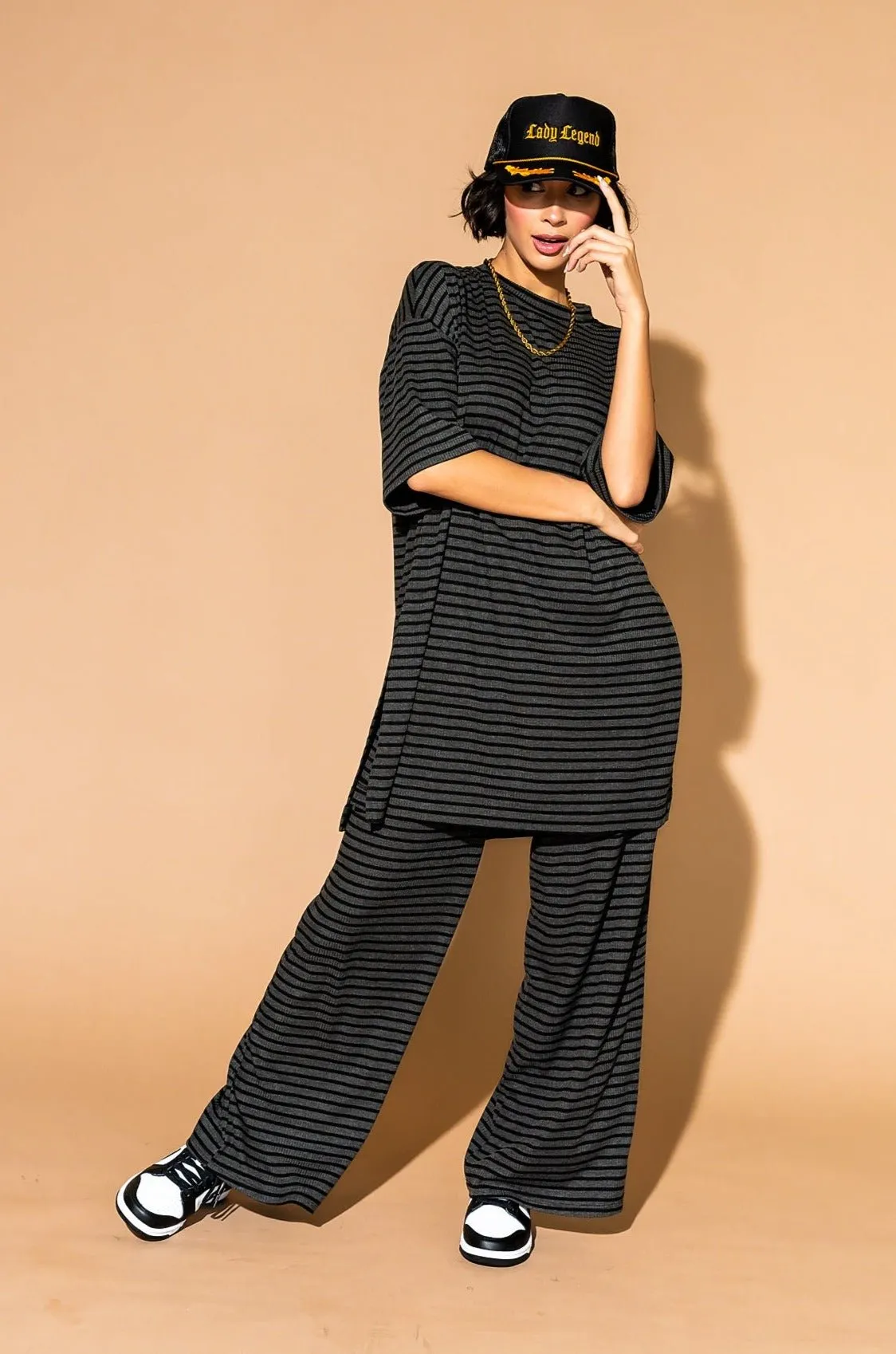 Leveled Up Ribbed Playsuit in Charcoal Stripe