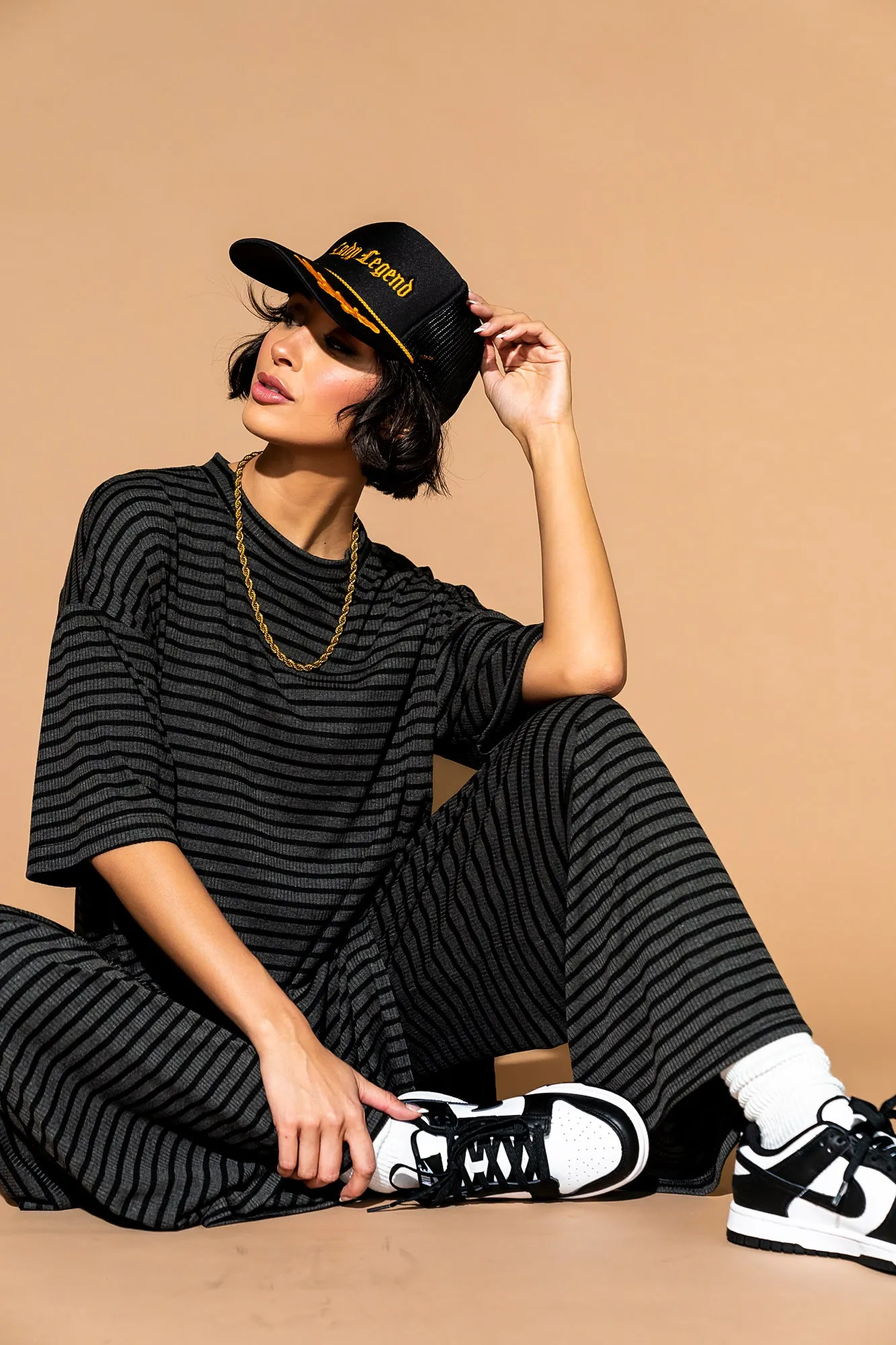 Leveled Up Ribbed Playsuit in Charcoal Stripe