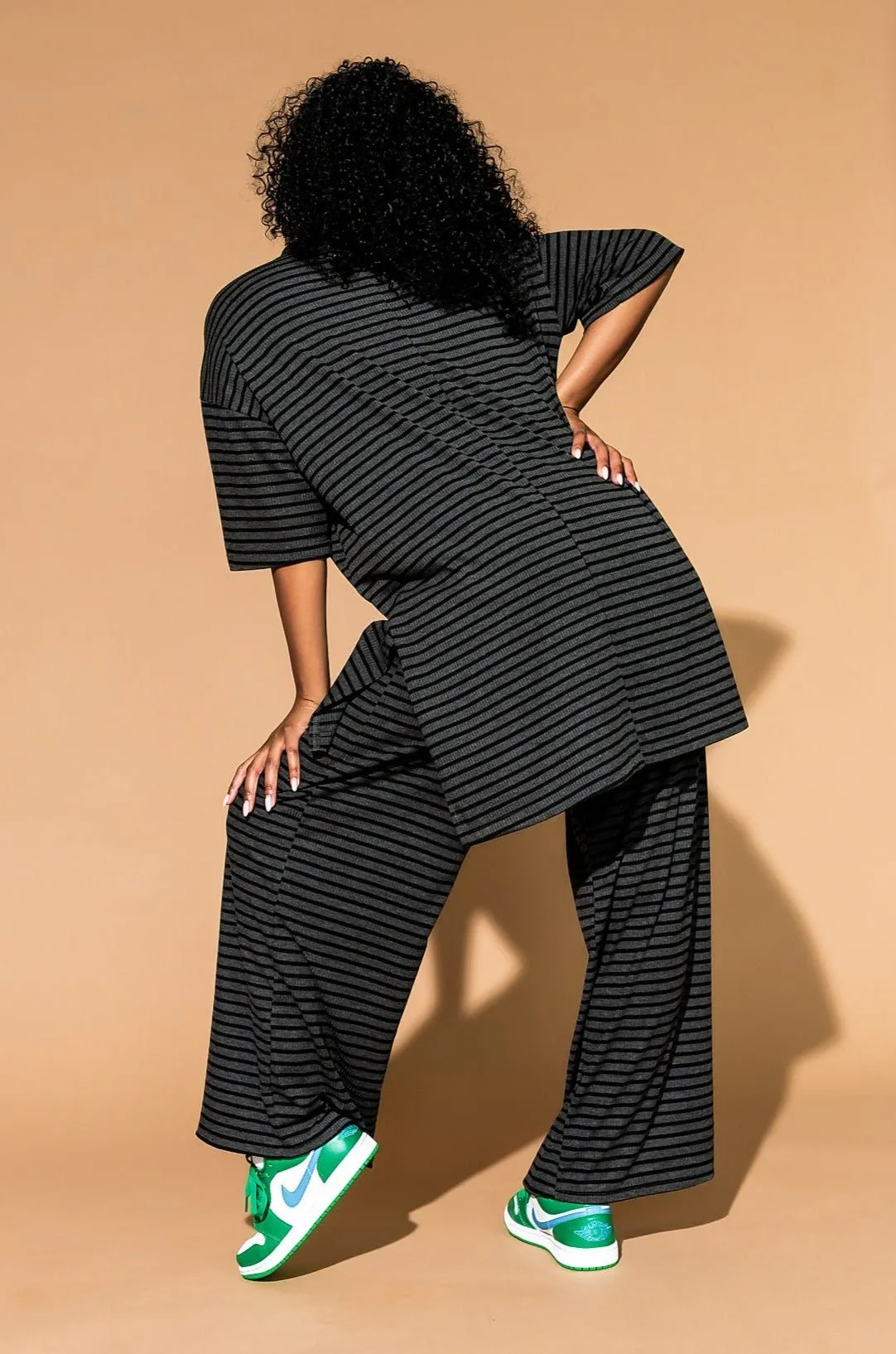 Leveled Up Ribbed Playsuit in Charcoal Stripe