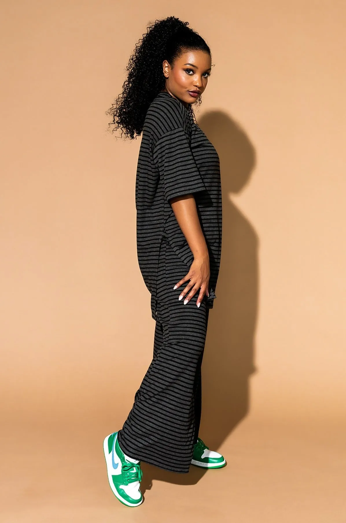 Leveled Up Ribbed Playsuit in Charcoal Stripe