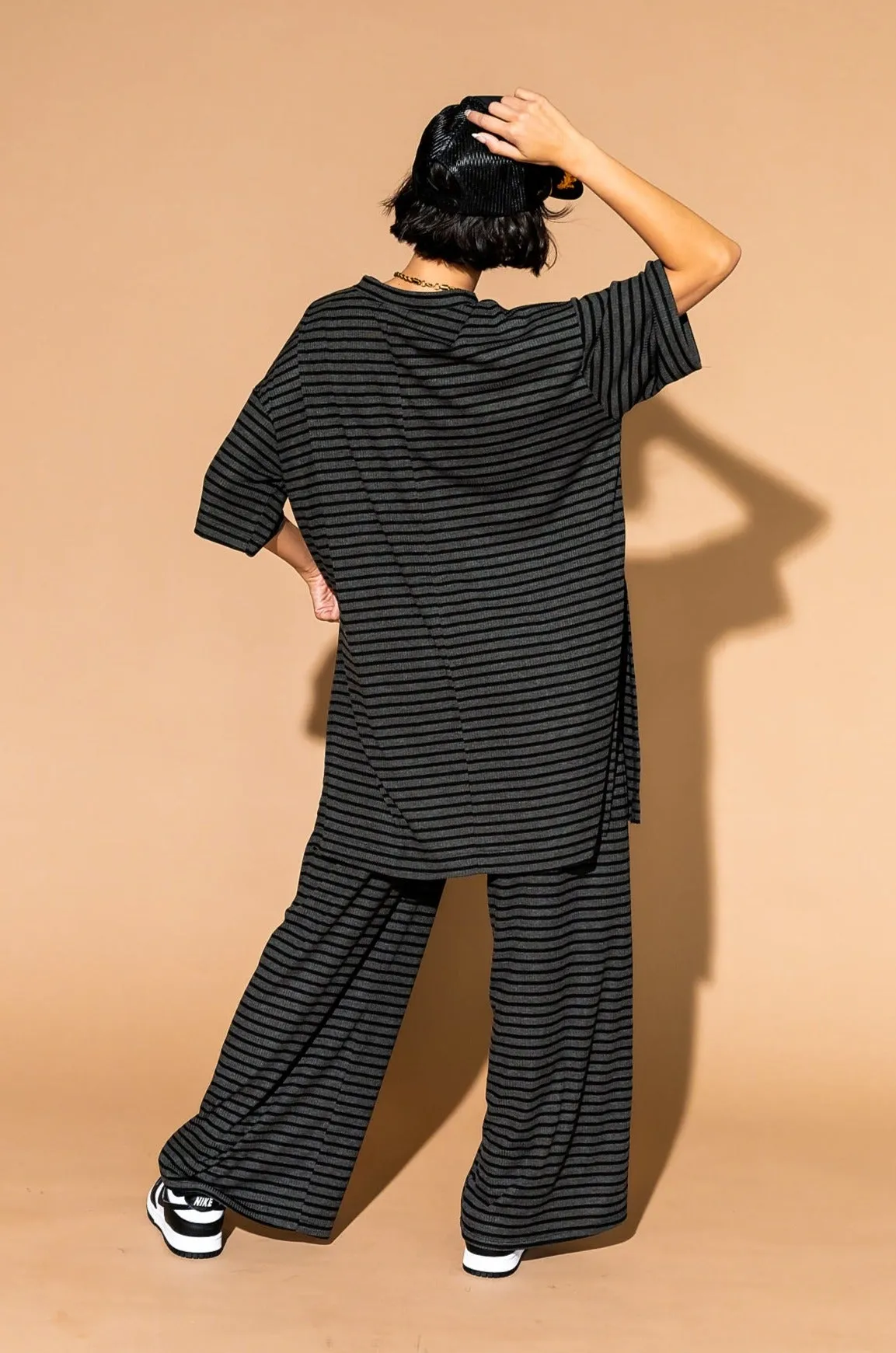 Leveled Up Ribbed Playsuit in Charcoal Stripe