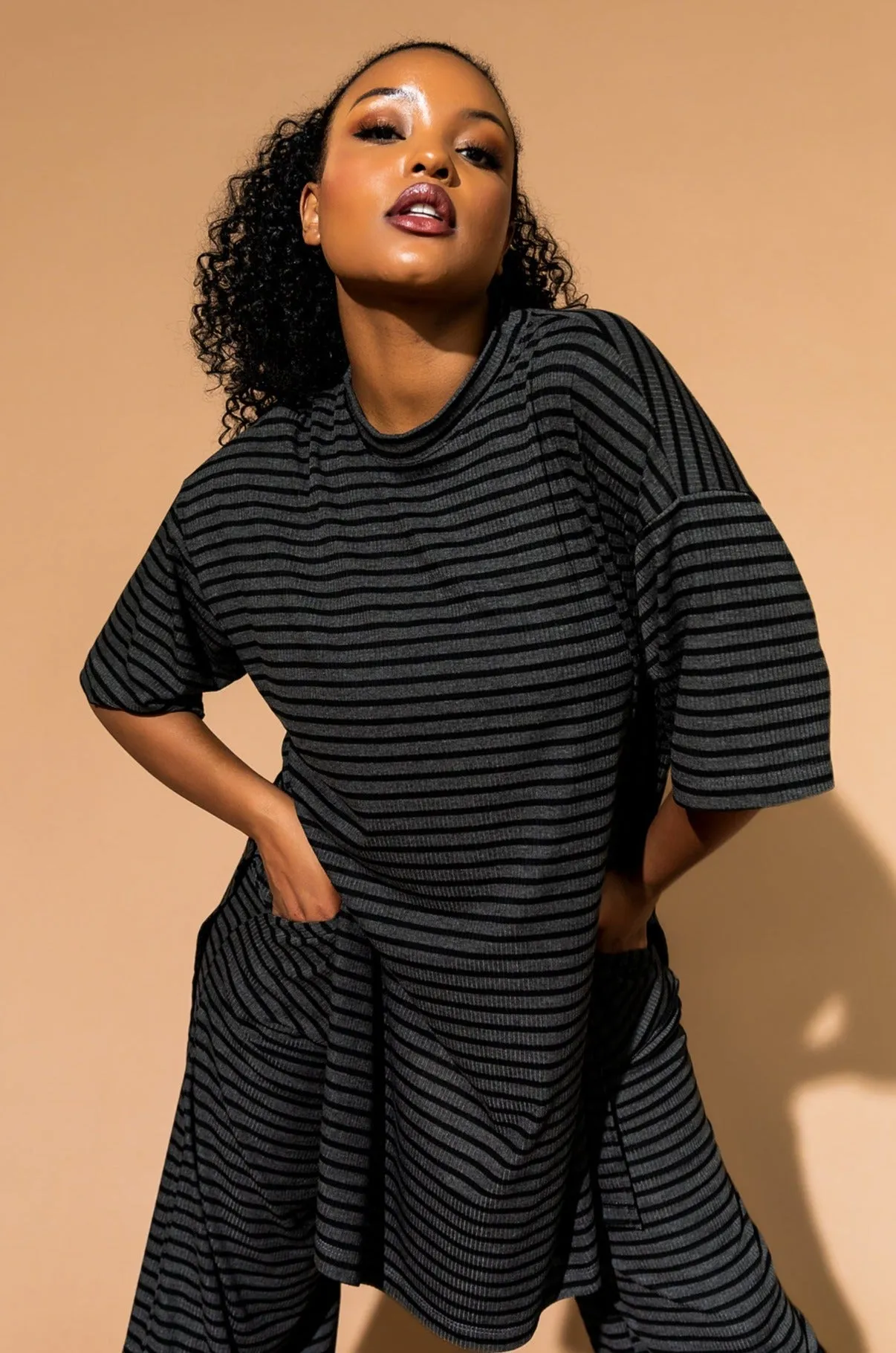 Leveled Up Ribbed Playsuit in Charcoal Stripe
