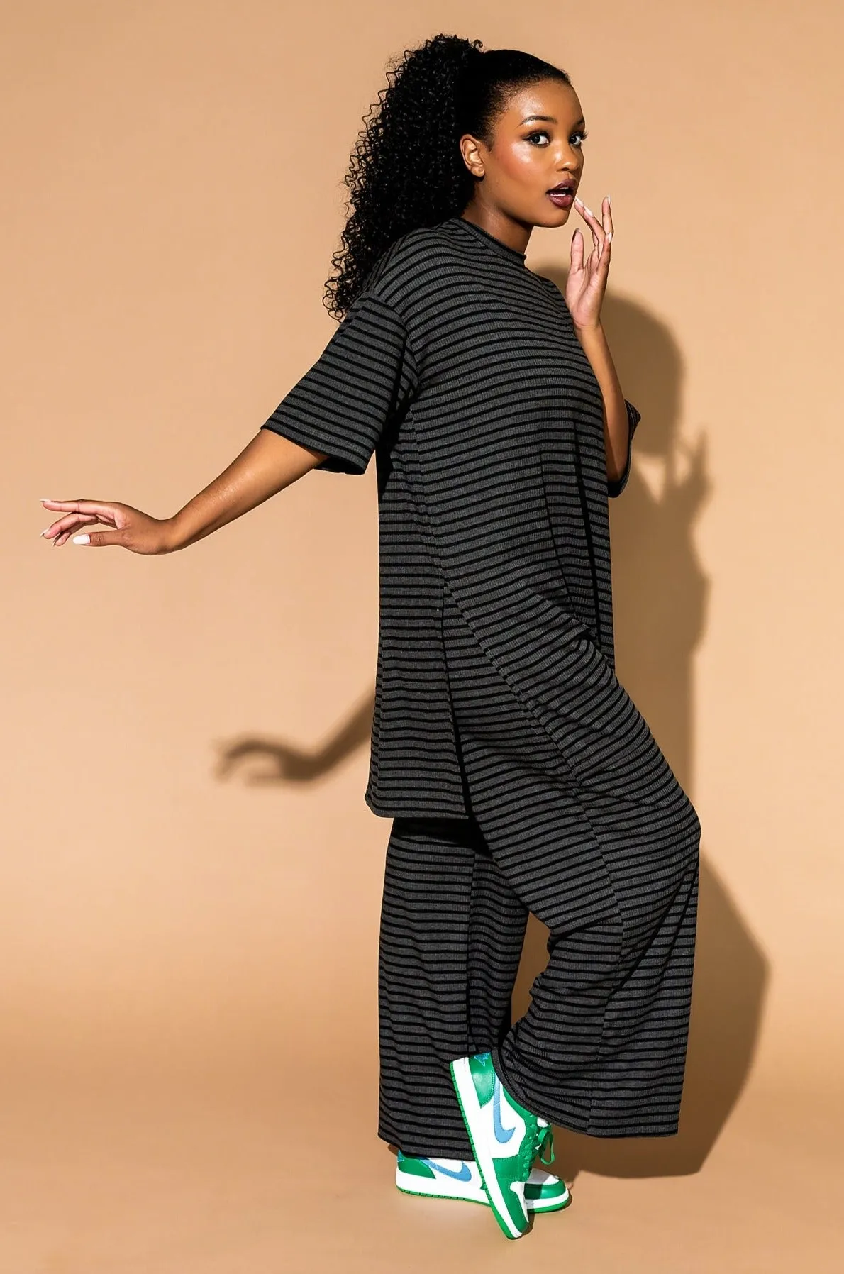 Leveled Up Ribbed Playsuit in Charcoal Stripe