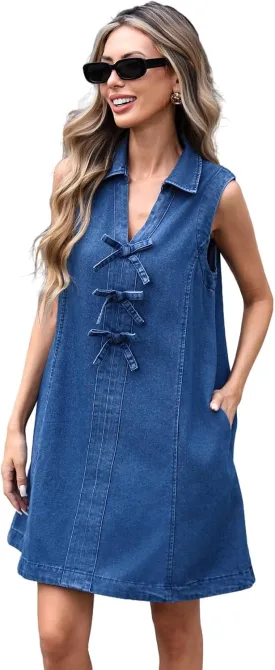 LifeShe Denim Dress for Women Summer Sleeveless V Neck Bow Tie Front Jean Mini Dresses