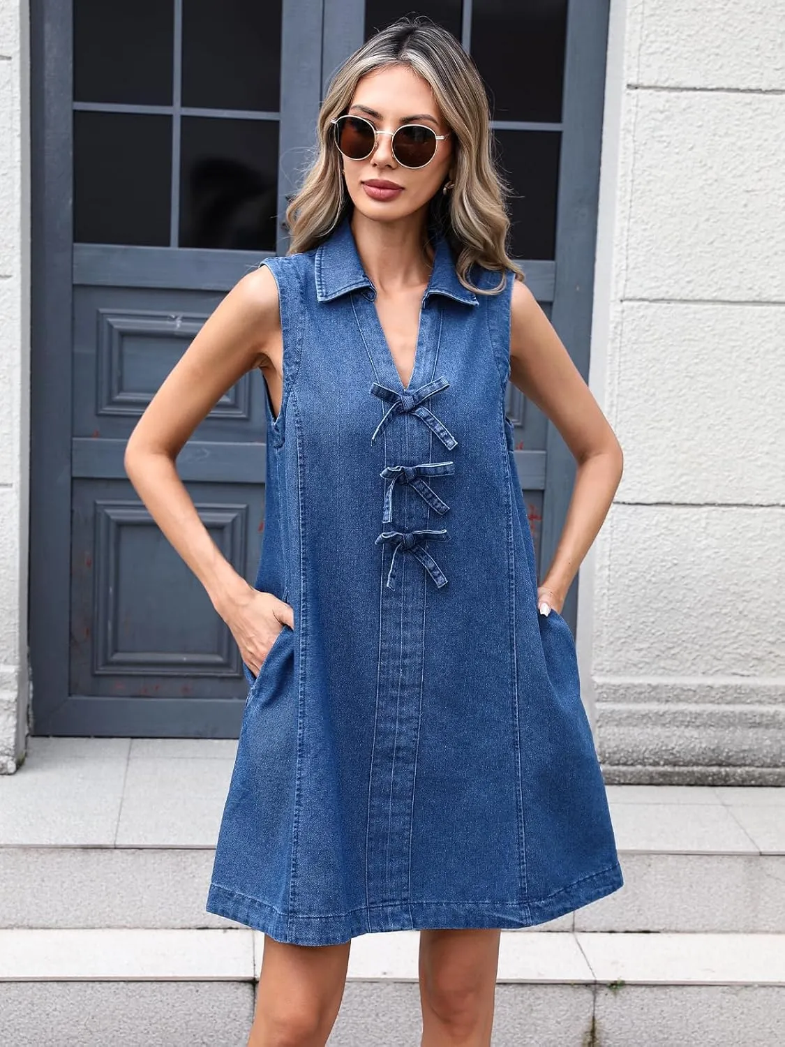 LifeShe Denim Dress for Women Summer Sleeveless V Neck Bow Tie Front Jean Mini Dresses