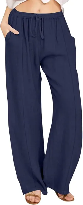 Linen Pants for Women Summer Solid Elastic Waist Wide Leg Loose Casual Vacation Beach Palazzo Pants with Pockets