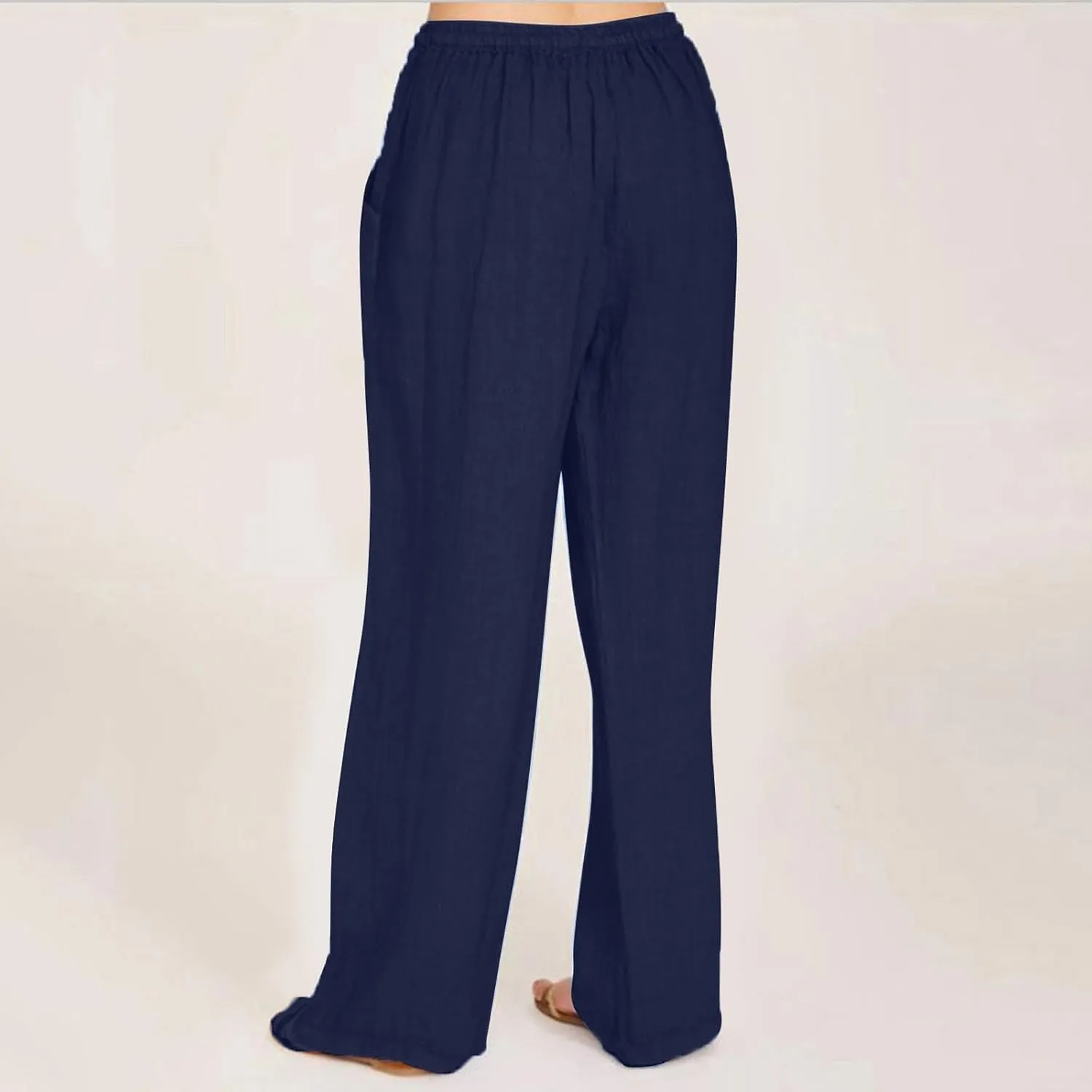 Linen Pants for Women Summer Solid Elastic Waist Wide Leg Loose Casual Vacation Beach Palazzo Pants with Pockets