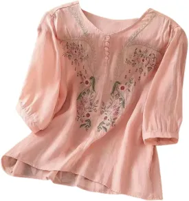 Linen Shirt for Women 3/4 Sleeve Linen Blouses Loose Fit Embroidery Cotton Tops